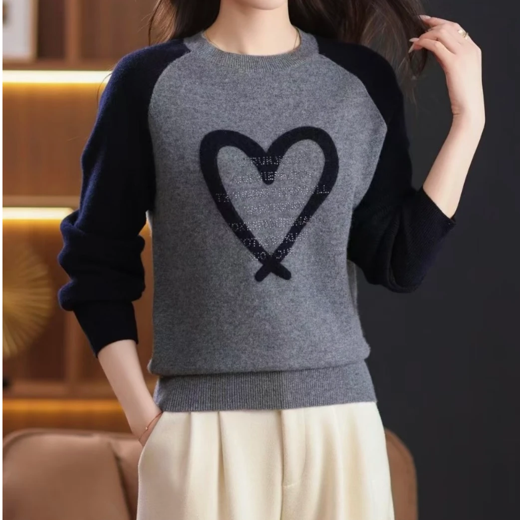 祥好服饰 圆领拼色爱心显瘦百搭毛衣676