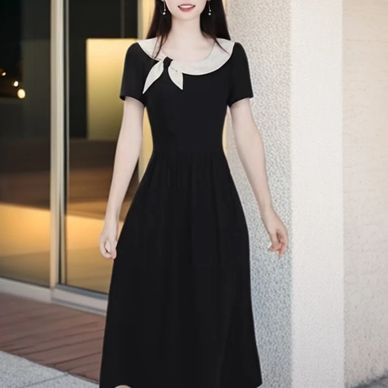 A01新款连衣裙显瘦气质小黑裙黑色法式收腰赫本风连衣裙夏季裙子