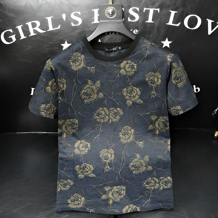 巴韦那奇时尚高端个性碎花短袖T恤男士新款夏季潮流圆领男t恤衫