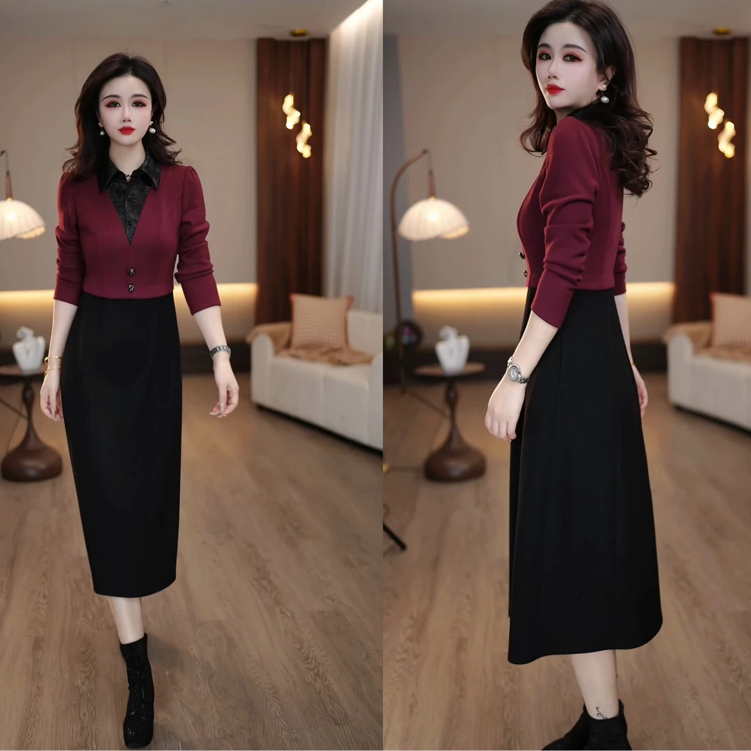 2025秋冬新款复古纹理感衬衫领拼接红色干练打底假两件连衣裙