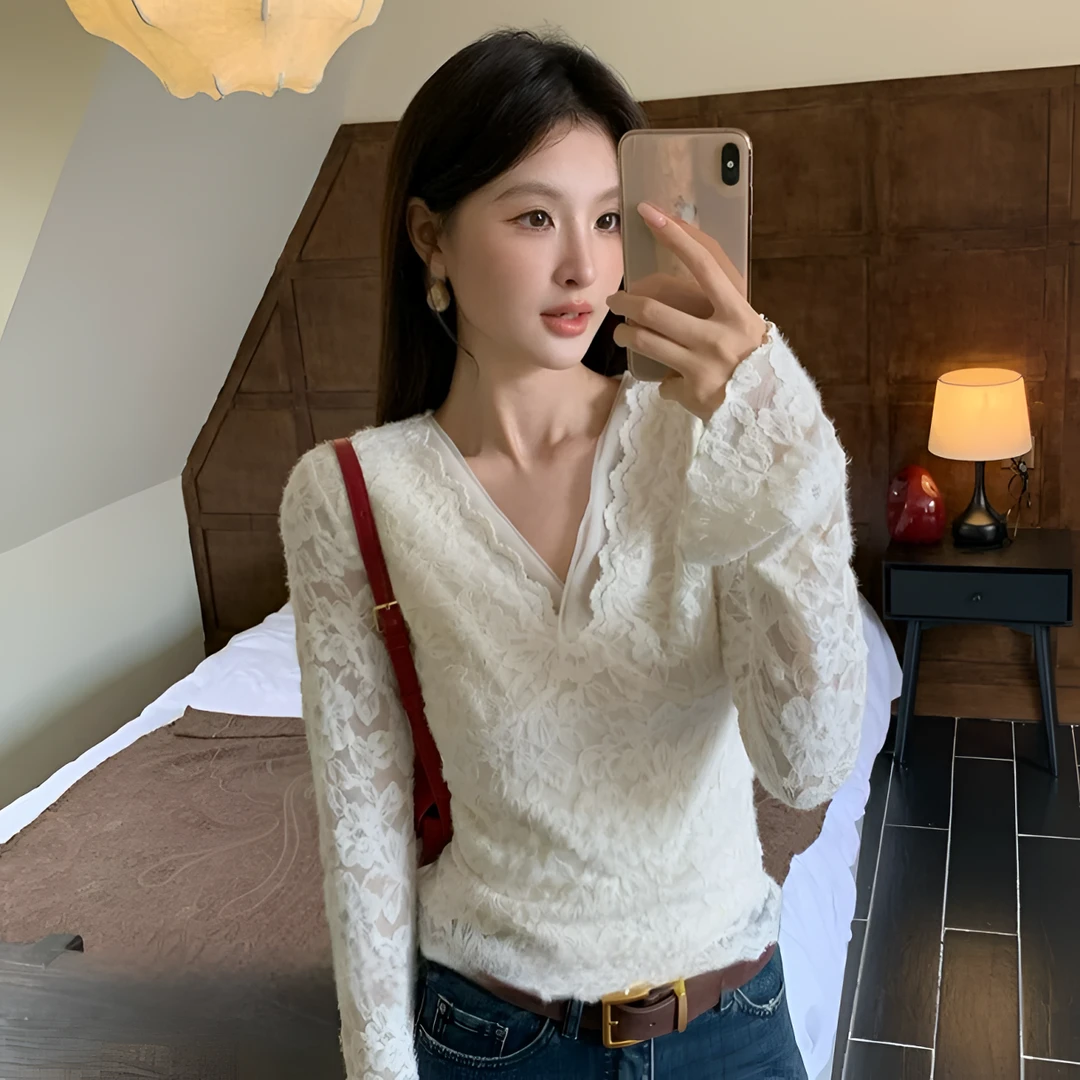 点点家女装秋冬水貂绒蕾丝打底上衣韩系老钱风V领打底衫女秋冬