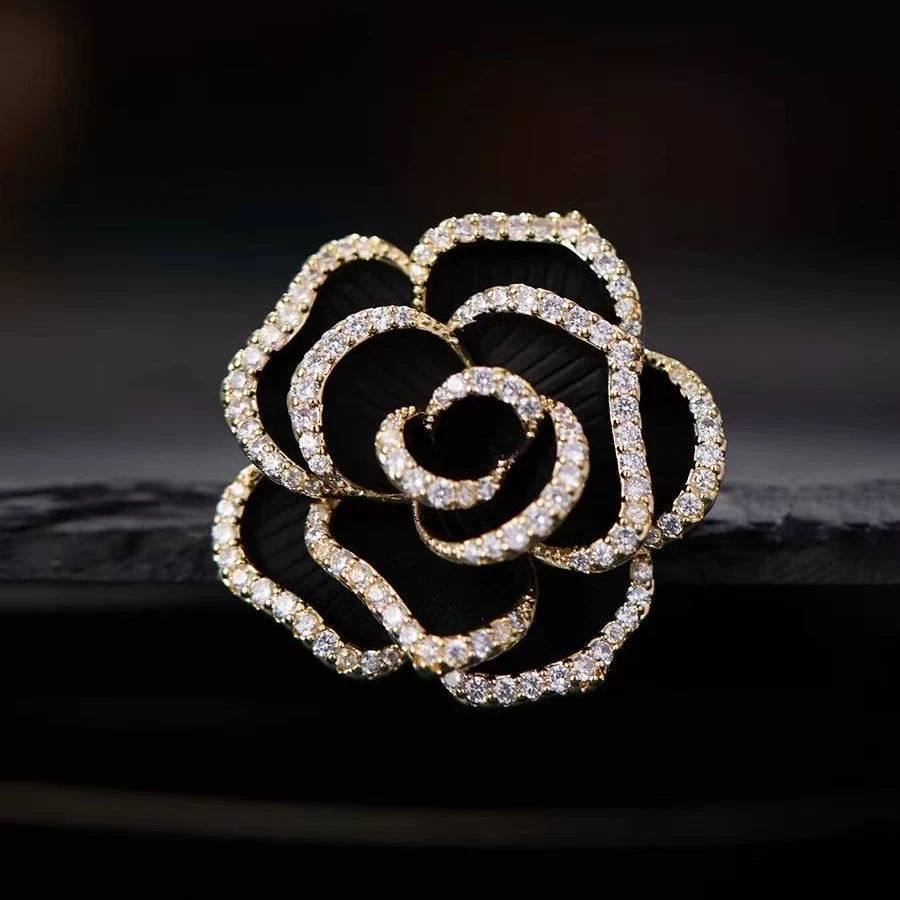 铜合金胸针 【黑色山茶花胸针】重工镶嵌奢华国风胸针 精致高级感
