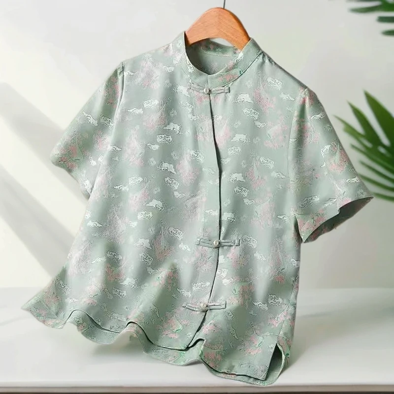 新中式改良国风上衣复古元素斜襟盘扣气质小衫女夏季短袖立领衬衫