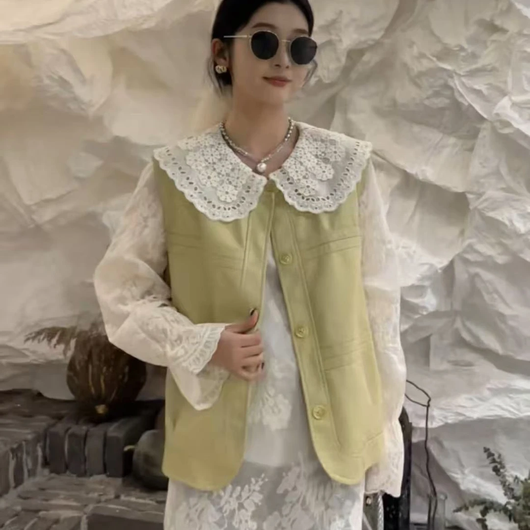 【柚柚】重工时尚时尚蕾丝大衫水皮马甲两件套