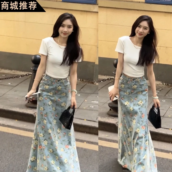 复古碎花牛仔裙女夏季露背上衣T恤高腰显瘦大摆a字半身长裙两件套