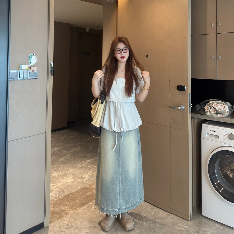 盈盈&南岛风大码女装法式方领衬衫女夏季胖mm宽松显瘦上衣ZYY1649