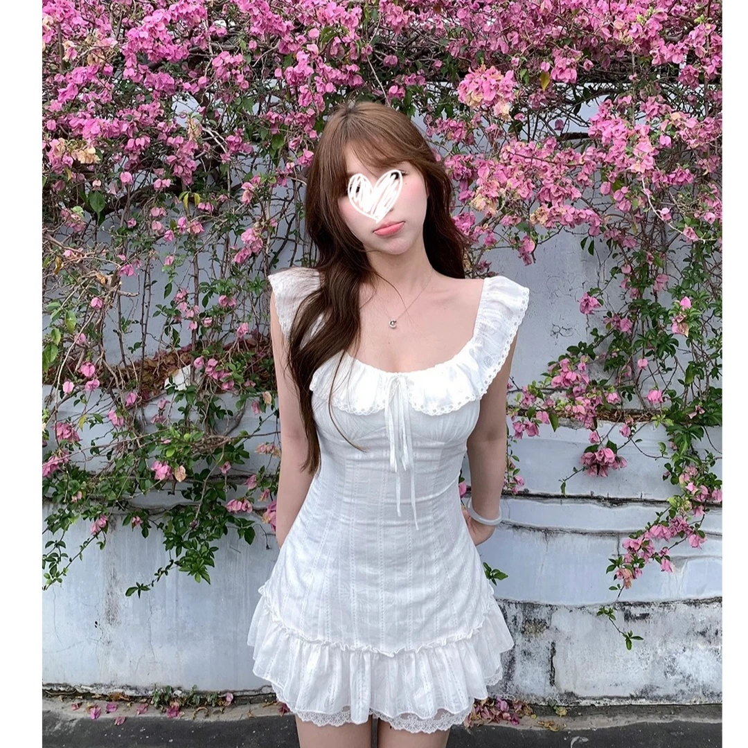 绝美小白花 夏季荷叶边小飞袖连衣裙女夏白色法式短款短裙子