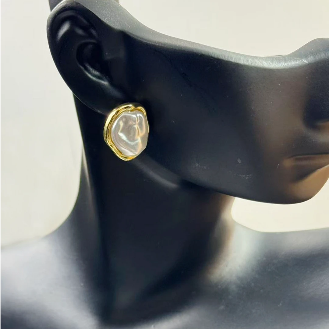 925银耳饰 Max【奶油金箔】925银法式不规则珍珠耳钉精致