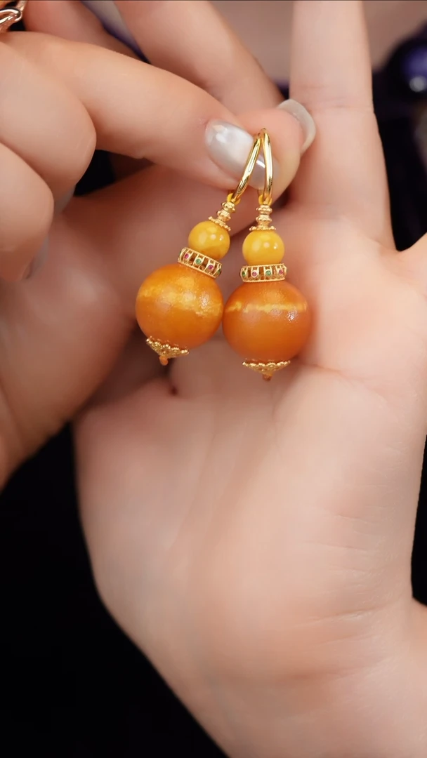 琥珀银S925镀金镶嵌耳饰磨砂丹麦橘皮纹圆珠耳饰 卡17-18左右