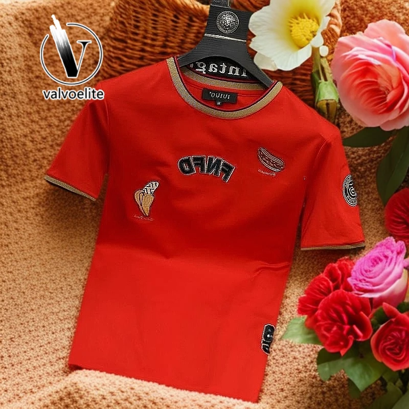 VALVOELITE红色美式时尚上衣青年修身潮牌圆领短袖体恤男夏季韩版