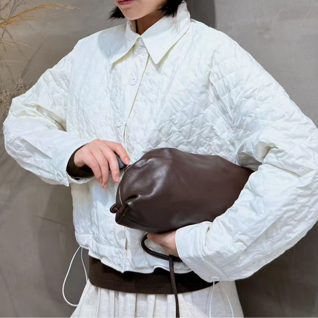 8321#气质轻薄鹅绒服女2025冬季新款菱形格翻领短款羽绒夹克外套