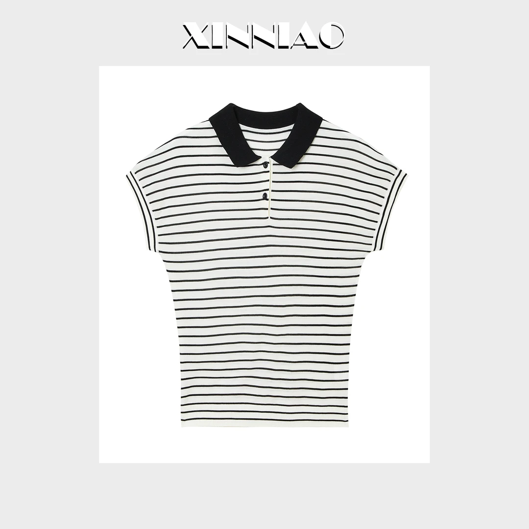 XINNIAO撞色条纹女式女款polo衫100小衫夏季女士上衣女装
