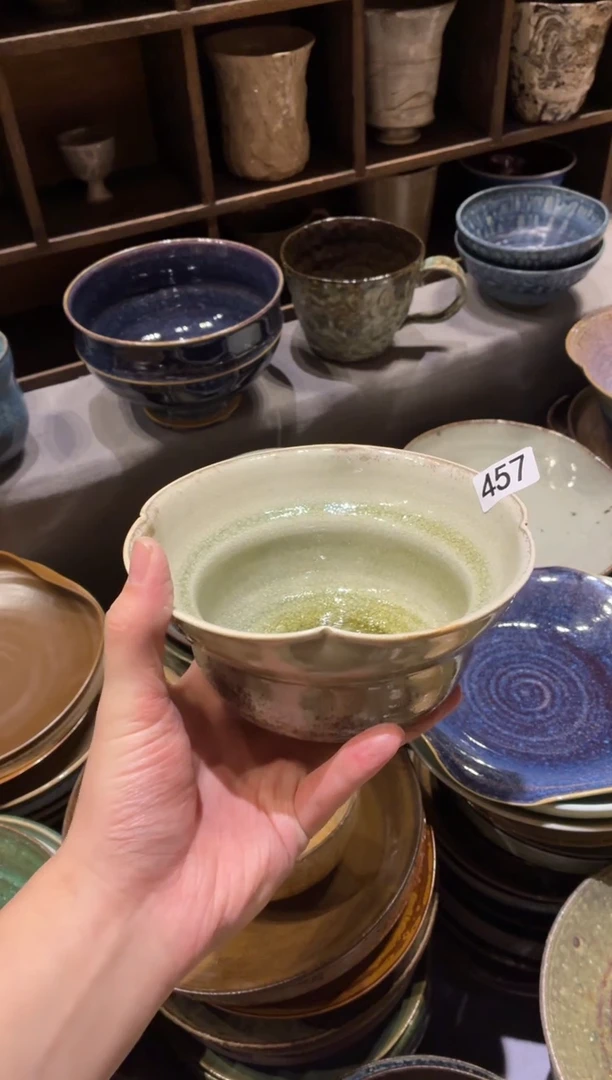 瓷片卿*久457 微瑕玻化绿花瓣面碗1个