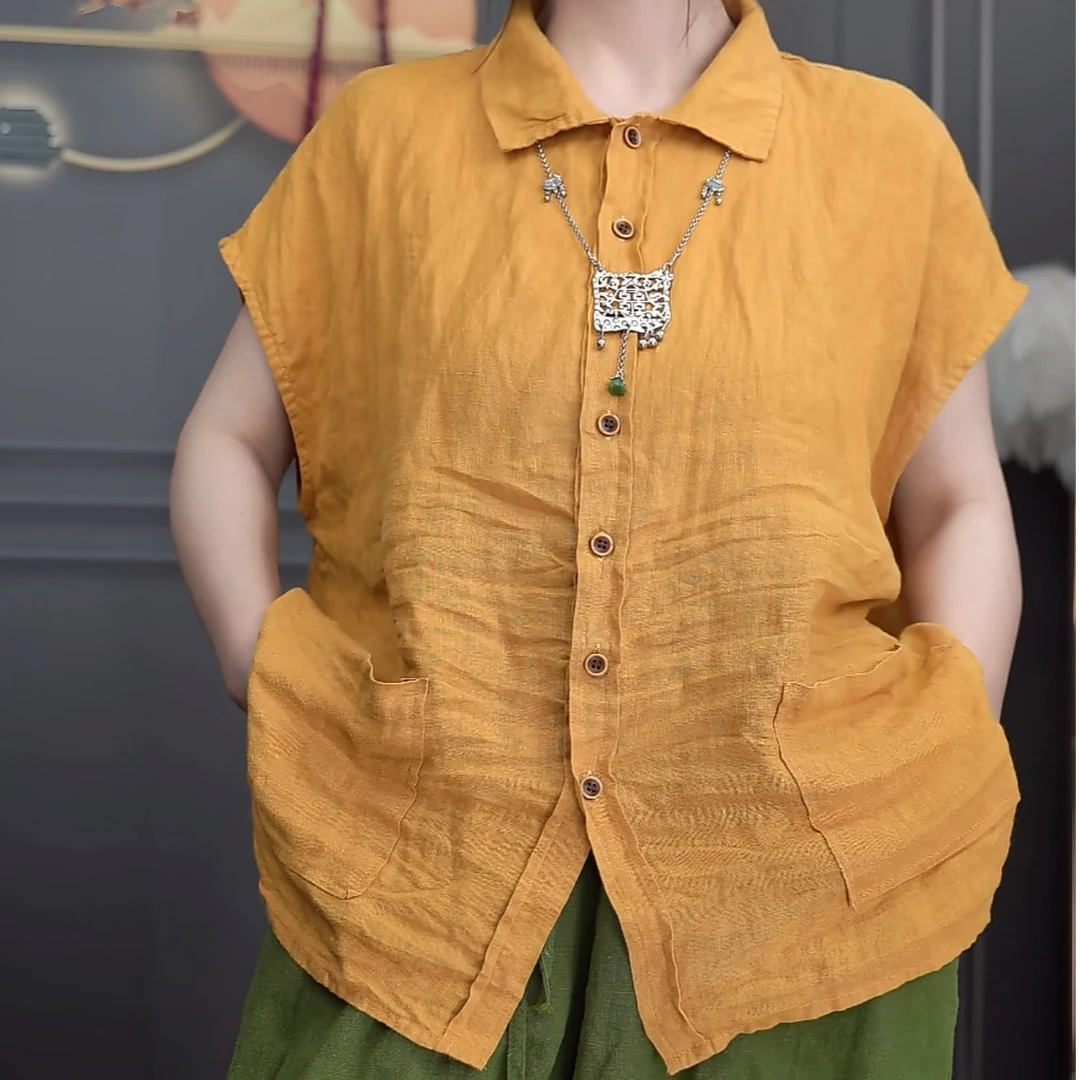 原创简约高品质轻薄砂洗纯亚麻女式翻领短袖夏季休闲宽松开衫上衣