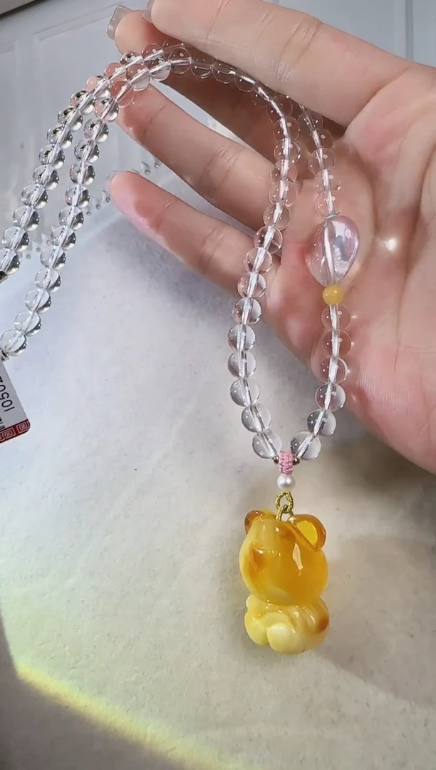 琥珀颈饰银S925镶嵌蜜蜡小熊白水晶925银项链