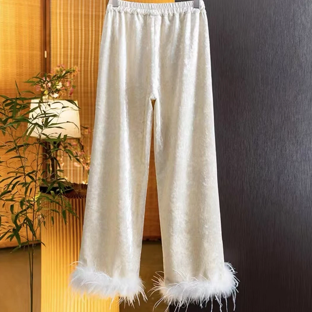 （运费补贴）新中式冬季新款气质百搭加绒加厚直筒宽松窄版毛毛女裤