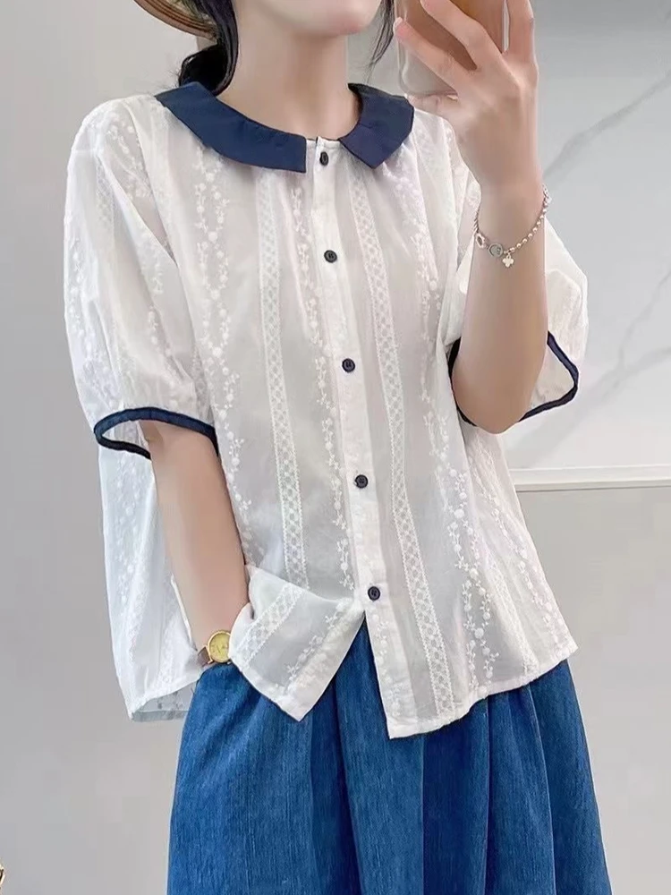 简约气质淑女风高颜值娃娃领拼色设计感刺绣衬衫小众休闲百搭0051