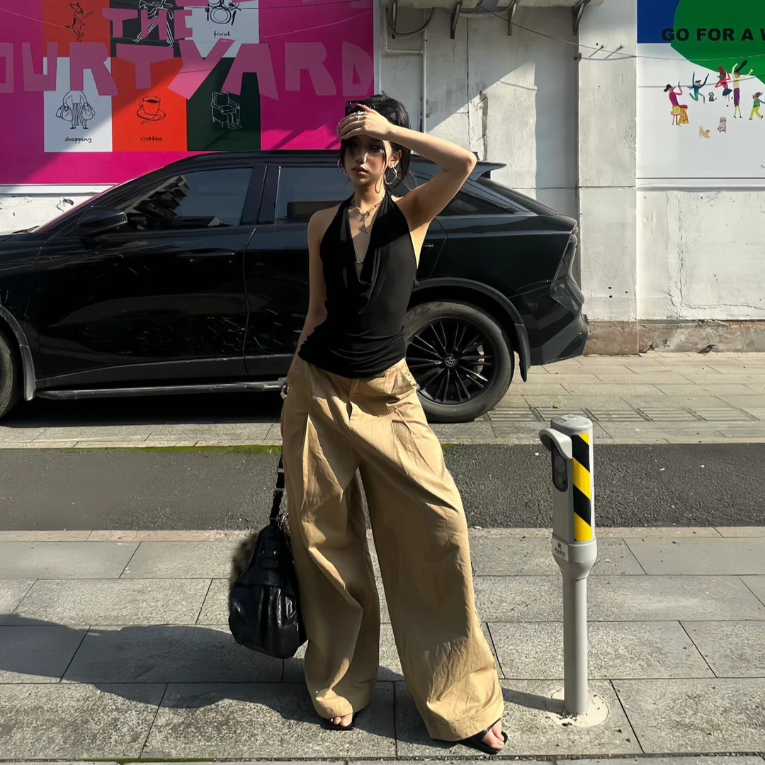 纯欲风露背荡领挂脖吊带背心女夏季修身无袖外穿黑色显瘦内搭上衣