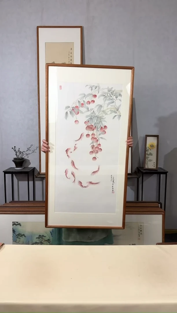 国画手绘*万事顺利（九鱼图）*62*122cm带框发货