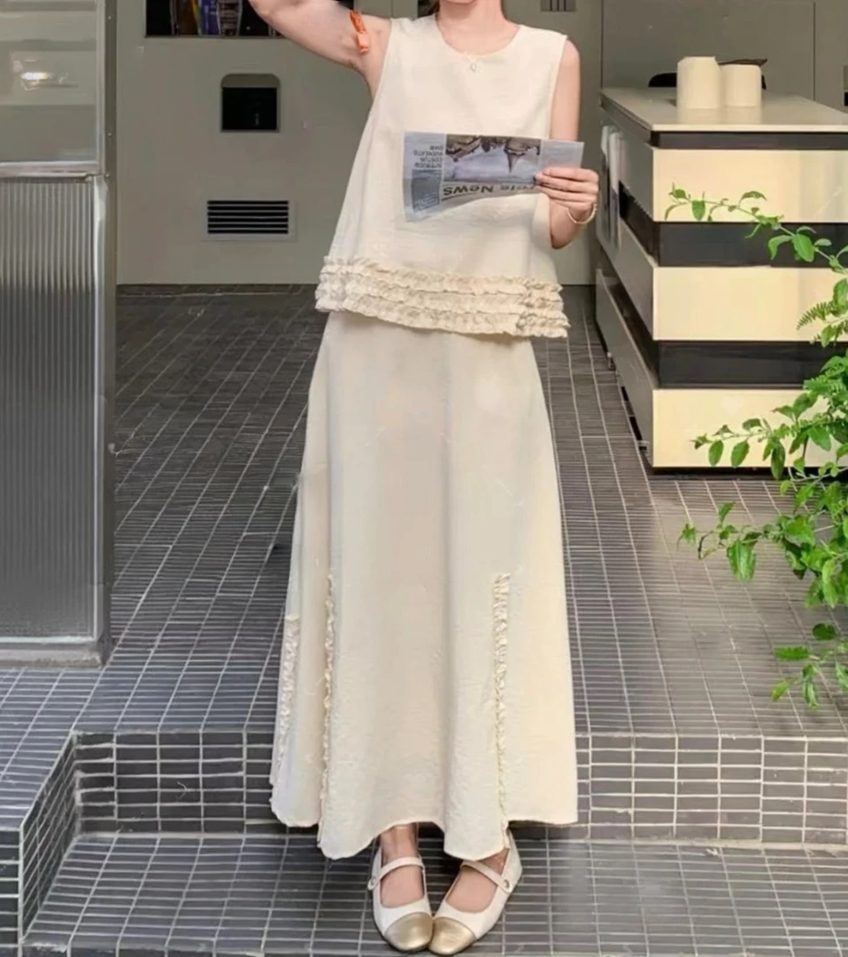 2025夏上新出游服装百搭舒适莱赛尔亚麻木耳边套裙气质中国风套装