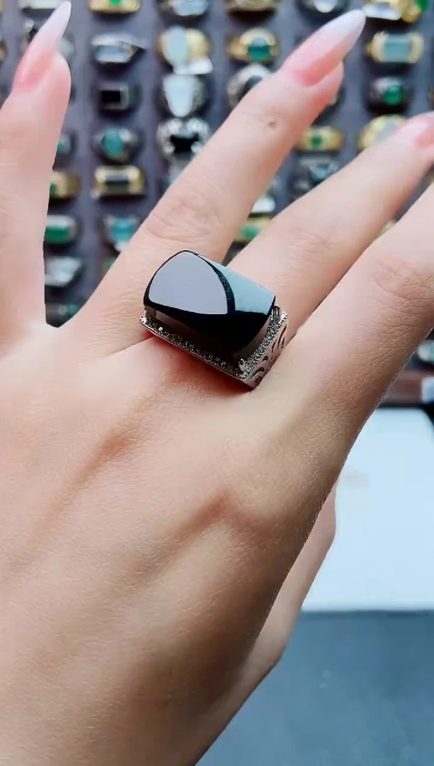 银S925镶嵌戒指翡翠天然翡翠男戒