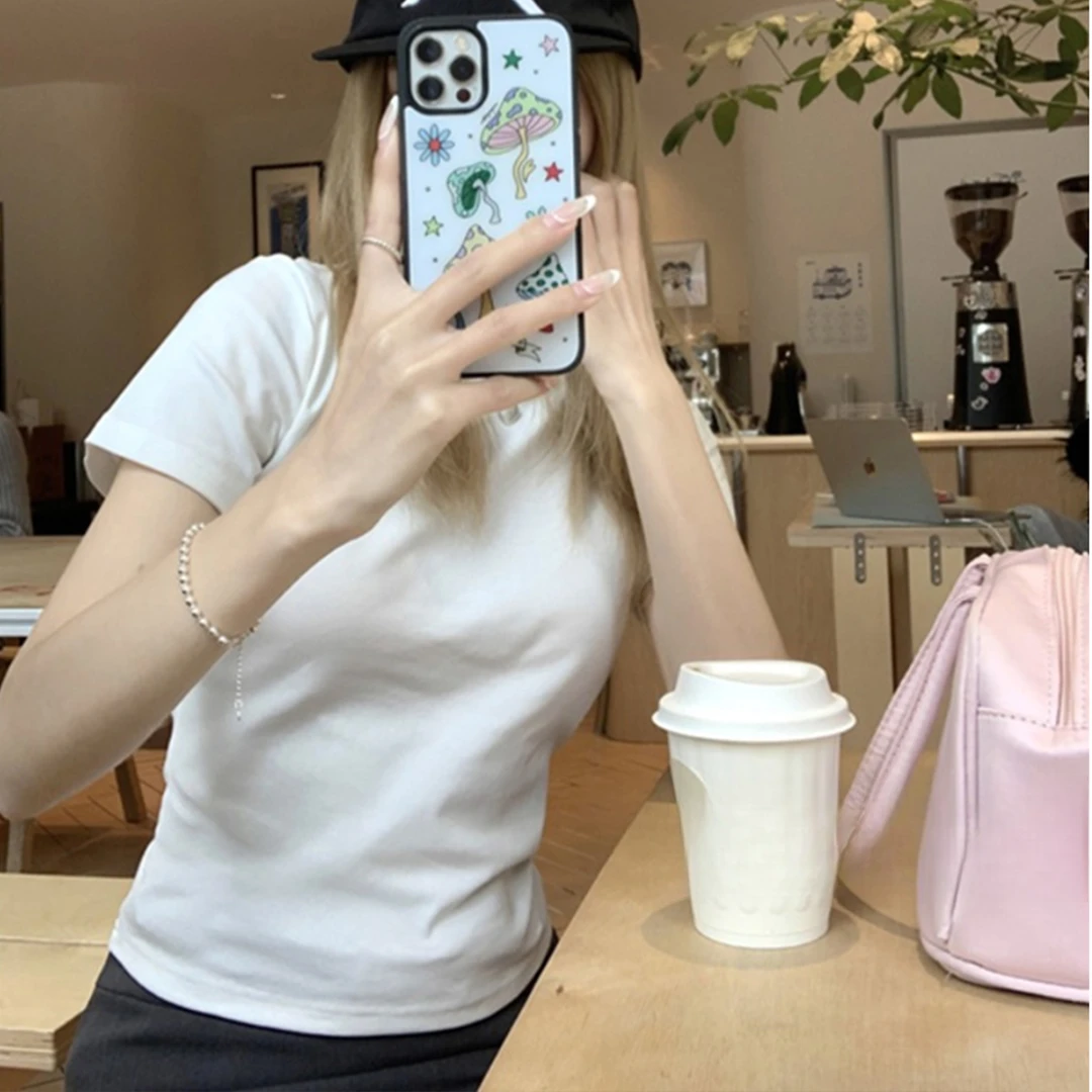 简约百搭正肩短袖T恤女装2025夏季修身显瘦小高领纯色上衣韩版小T