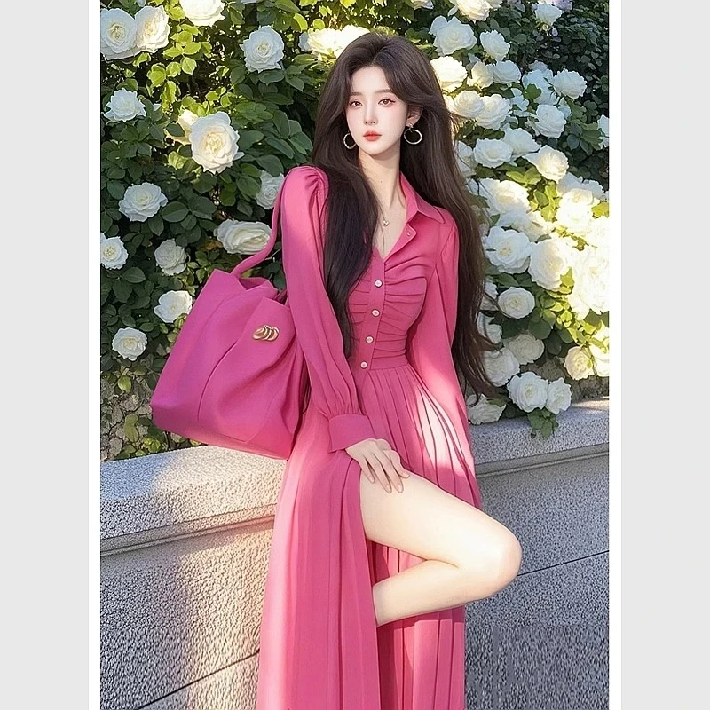 2025春装新款法式气质高级感海边度假多巴胺掐腰玫红色连衣裙子