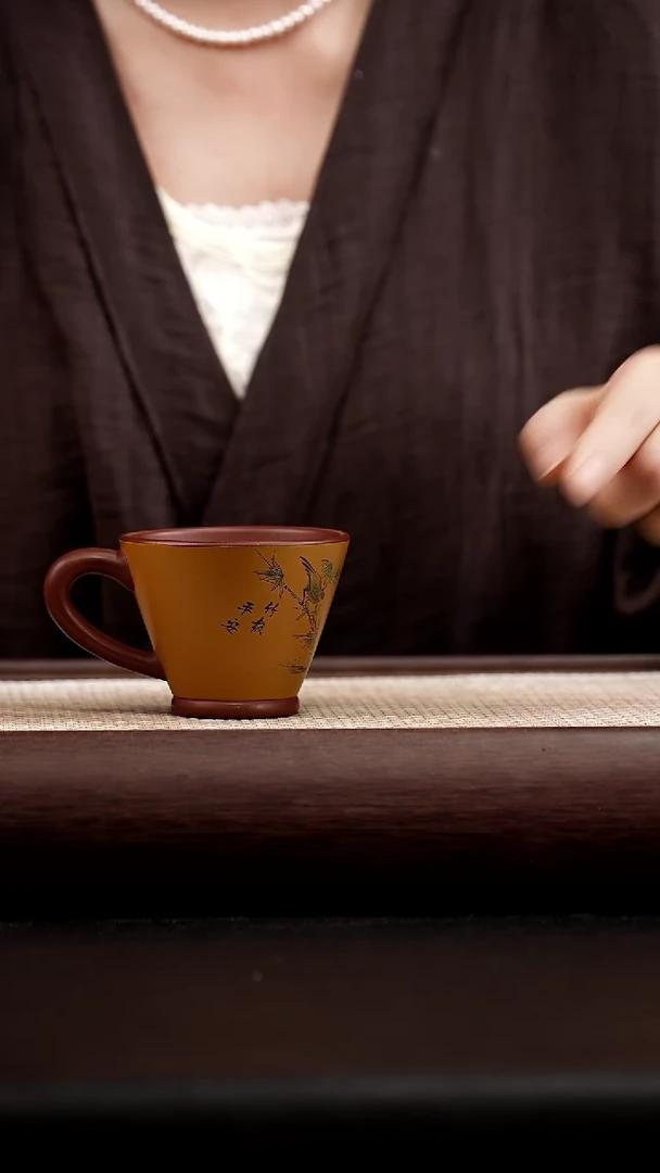 茶壶紫砂竹报平安斗笠把杯