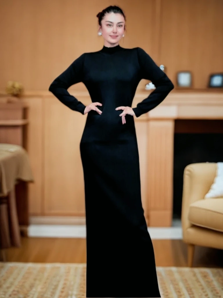 2025新款秋季后面开叉连衣裙 qiki ba Garis