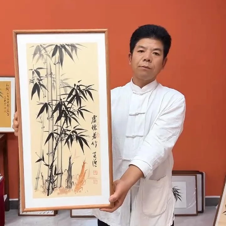 张富民作品/虚怀若竹（乌檀木实木框）（新版）/36*69cm左右