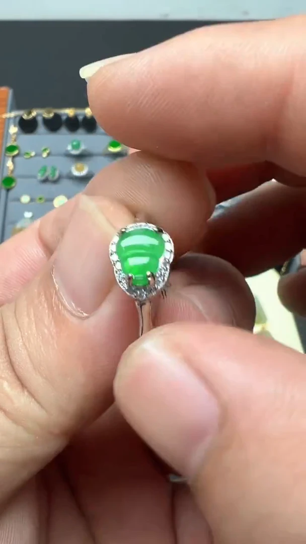 银S925镶嵌戒指翡翠天然缅甸翡翠a货小葫芦