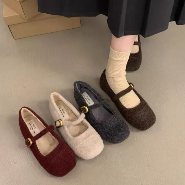 尼子加绒单鞋女玛丽珍鞋2025秋冬新款小香毛毛鞋女外穿保暖棉鞋子