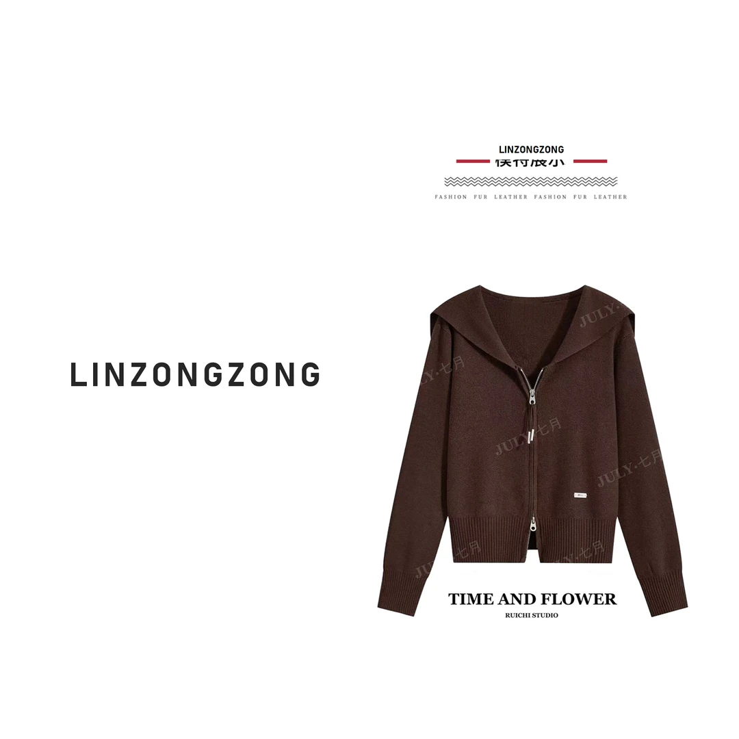 2025秋季新款韩系慵懒风海军领双拉链字母小标宽松针织开衫外套女