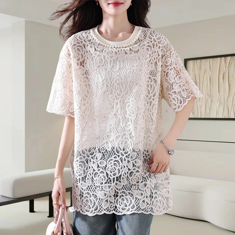 圆领蕾丝镂空短袖t恤女士2025夏季新款洋气减龄宽松显瘦休闲上衣