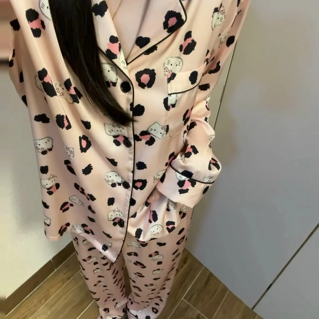 2025【豹纹KT】法式烫钻凯蒂猫印花女夏季新款高级感冰丝家居服