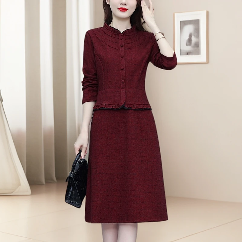 气质秋冬假两件安可拉红连衣裙女妈妈打底裙子加厚小香风洋气