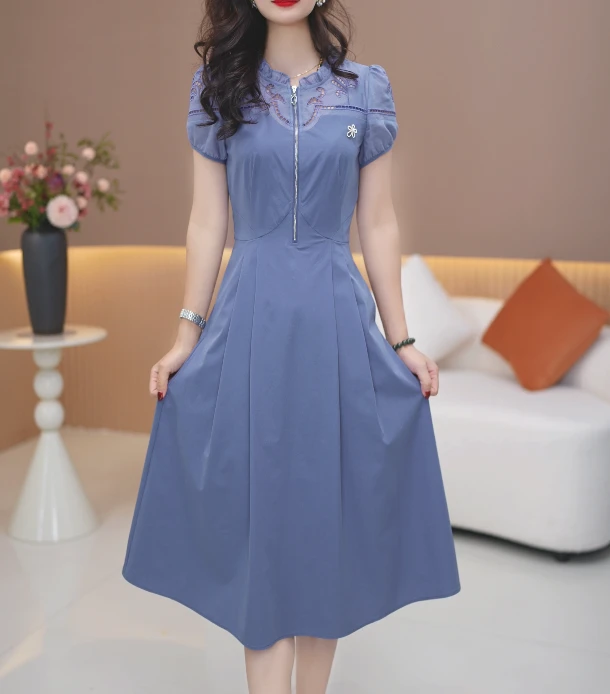 【宠粉定制】B1150蓝色连衣裙优雅气质时尚减龄收腰显瘦夏季设计感