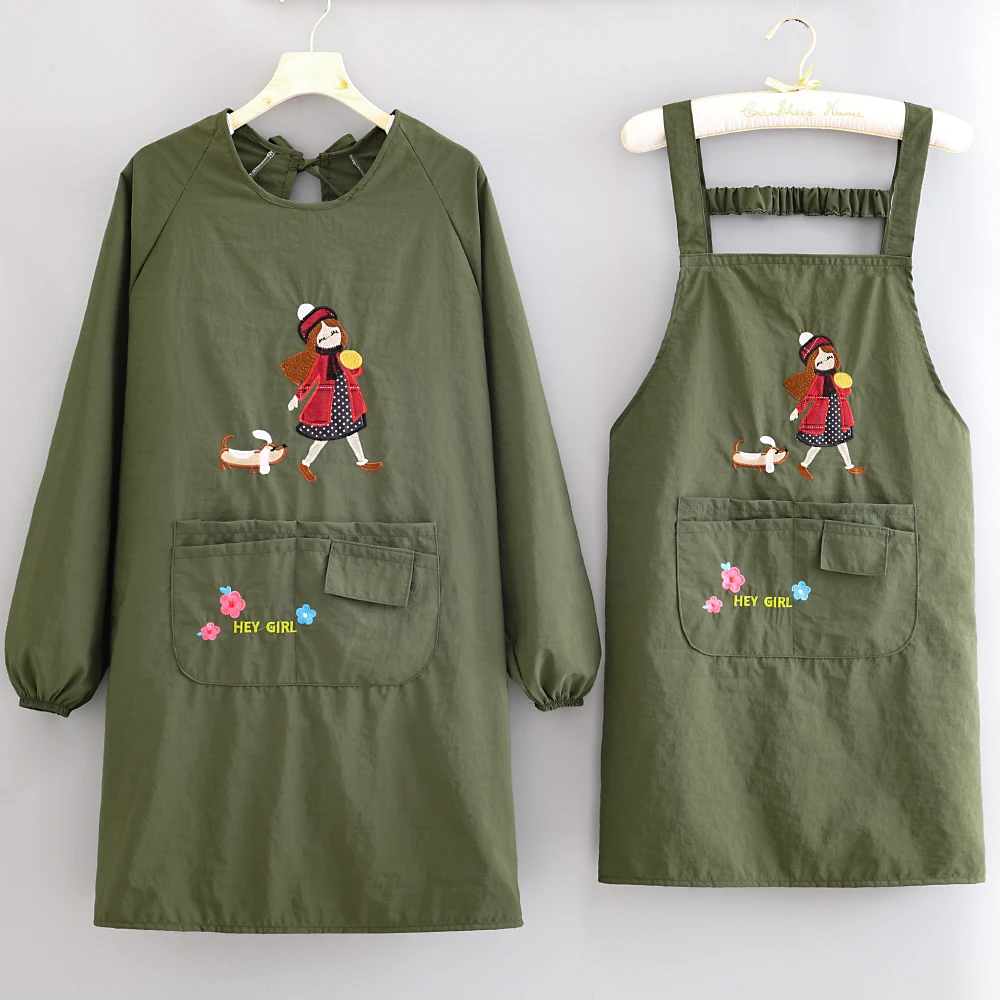 爆款外穿长袖罩衣成人卡通刺绣防水工作服干活厨房防污防油围裙