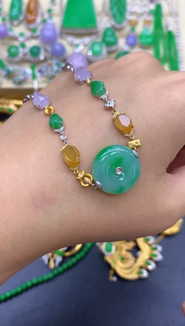 18K金镶嵌手链翡翠糖***女438-中国好珍宝