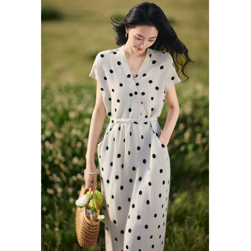 【亚麻艺术】复古波点刺绣 高级感大体量 轻盈感显瘦纯亚麻连衣裙女