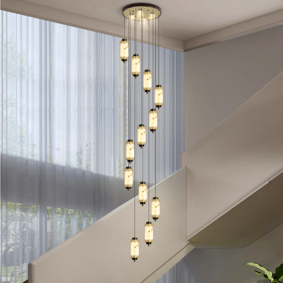 新中式实木加铜玉石楼梯间吊灯木艺铜灯别墅旋转楼梯中国风吊顶灯