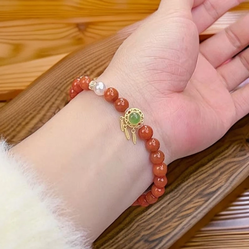 9241天然南红火焰纹原矿料和田玉碧玉银镶手串（多样性发货）6mm+