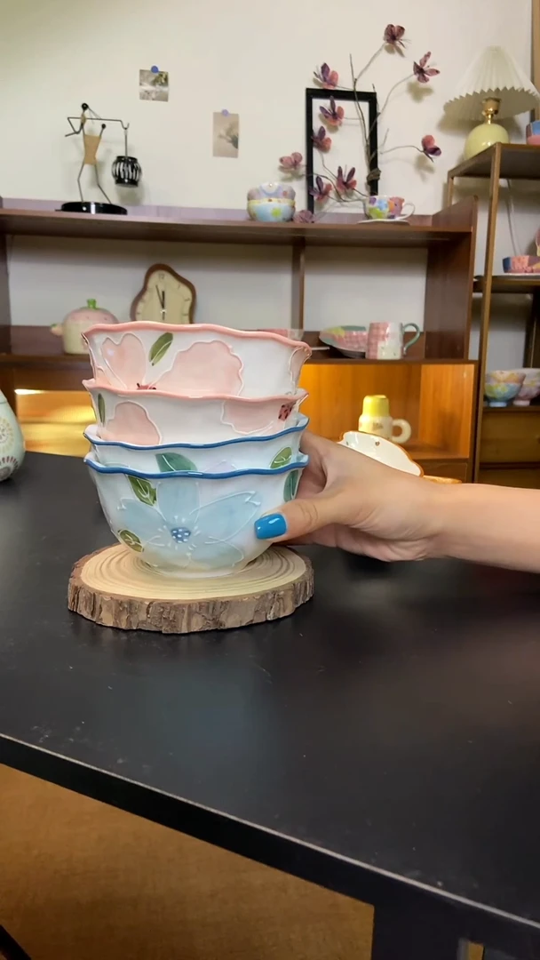 陶瓷粉花2个+蓝花2个米饭碗微瑕