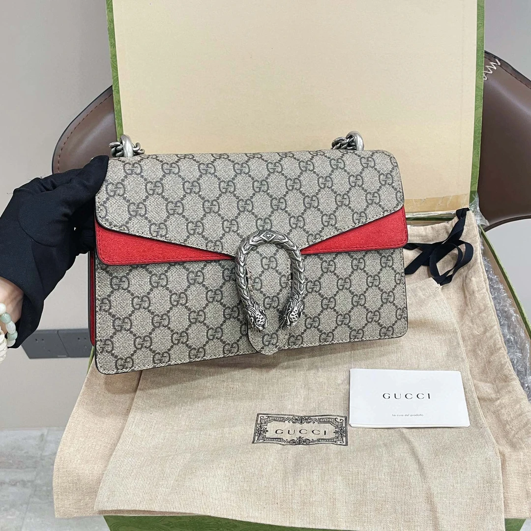 95新 GUCCI/古驰 中号红色酒神女士单肩链条包/7CK36262