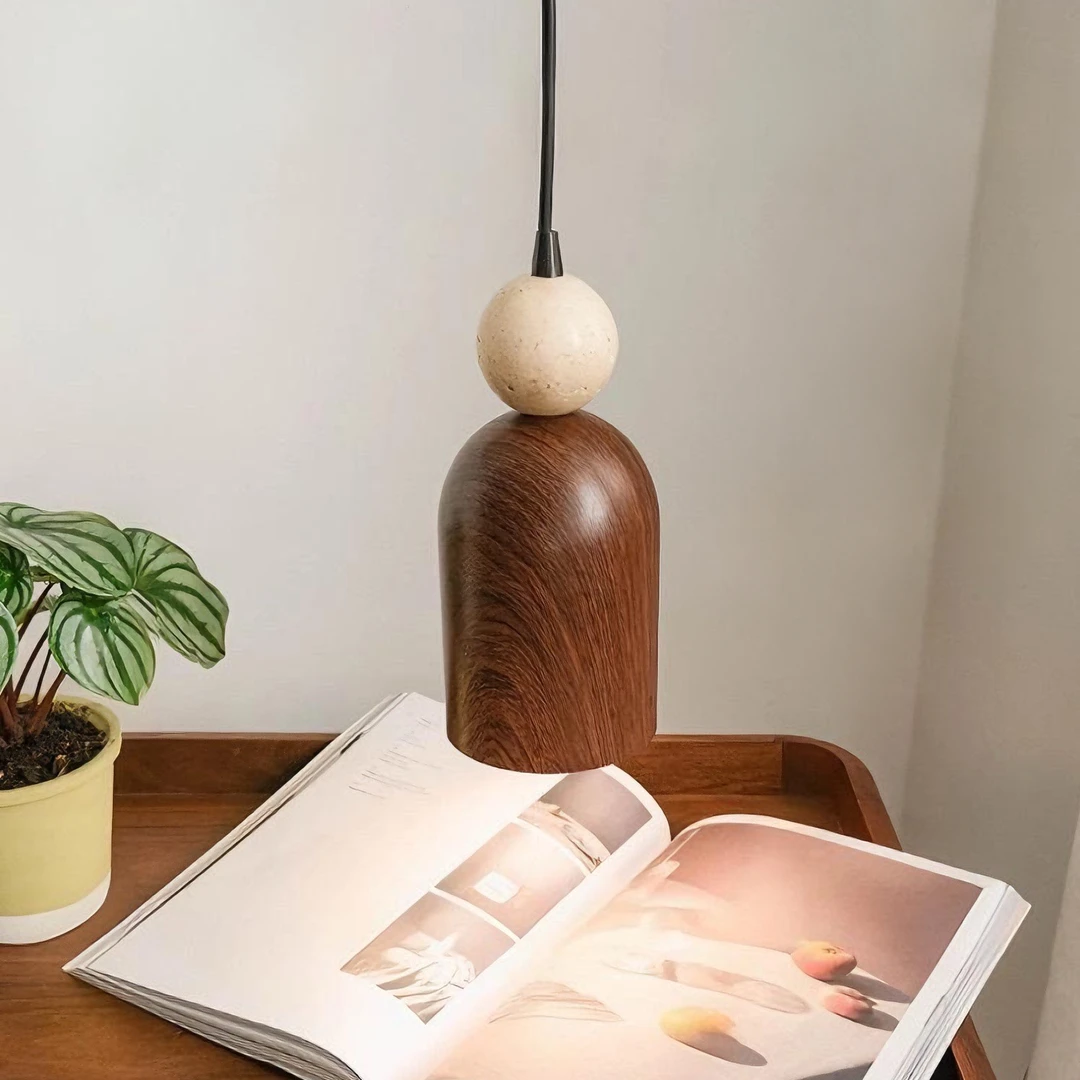 中古风黄洞石卧室床头小吊灯主卧灯胡桃木纹日式玄关吧台过道吊灯