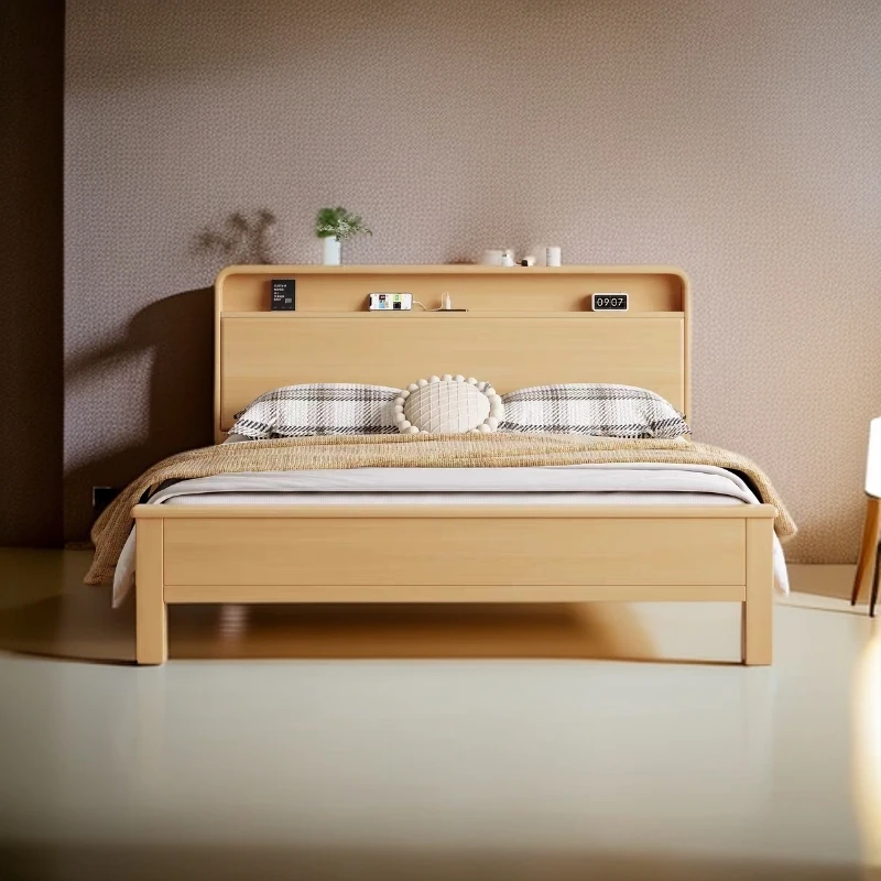 榉木实木床北欧原木家用夜光灯单人双人床1.8m主卧婚床高箱储物床
