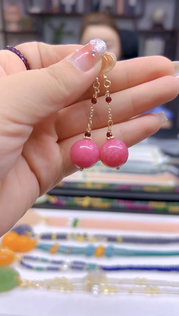 菱锰矿（红纹石）14K金镶嵌耳饰DIY款E613