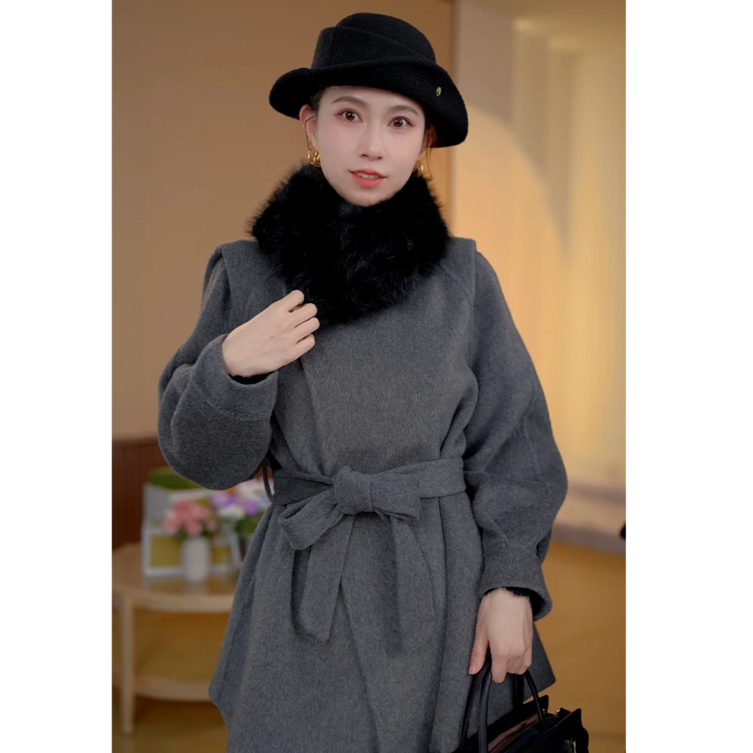 【妙璎羽】灯笼袖系腰带立领双面加厚羊毛呢大衣女2025外套25128
