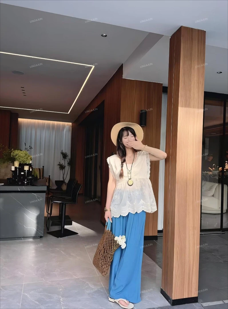 大君君 新款夏季法式气质重工刺绣时尚显瘦百搭阔腿裤套装 T038