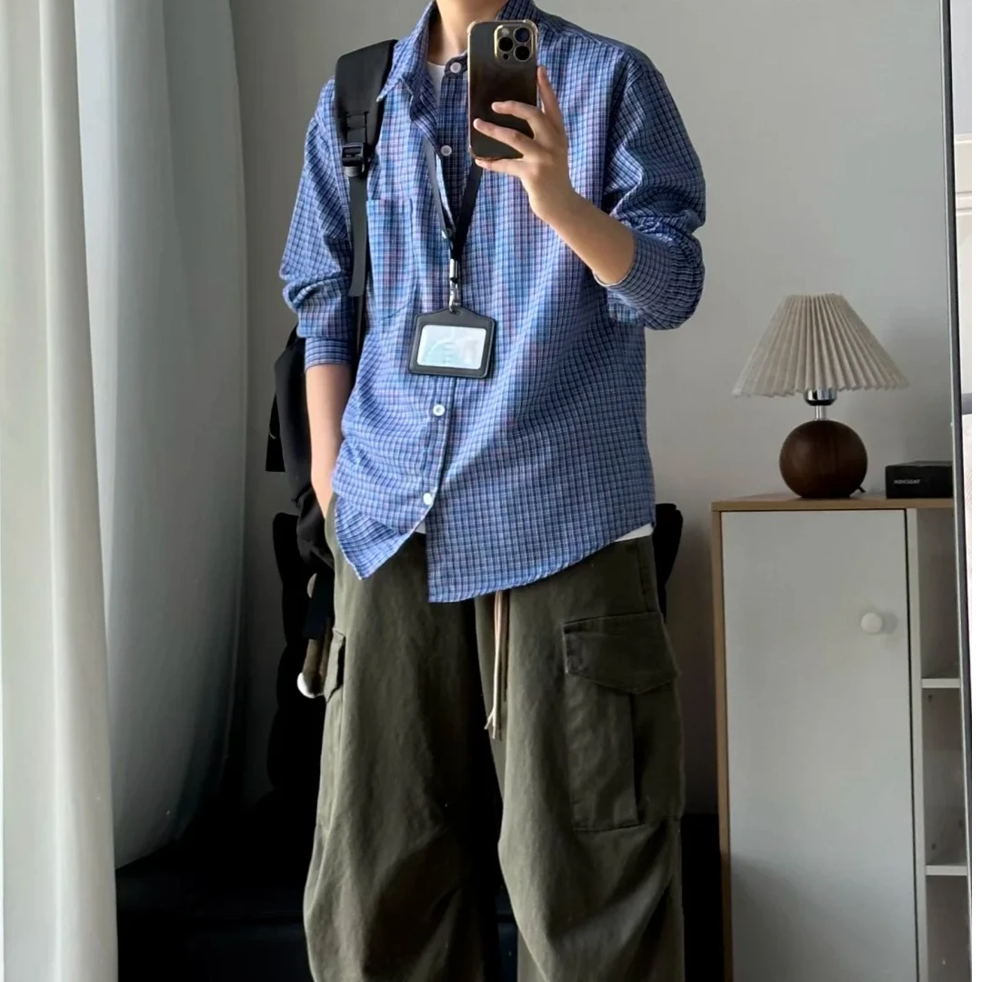 MOLAN/墨岚知性风蓝色格子长袖衬衣高级感韩系ins外穿衣服衬衫